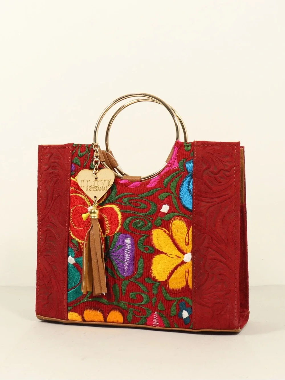 Red Floral Embroidered Tote Bag with Gold Ring Handles